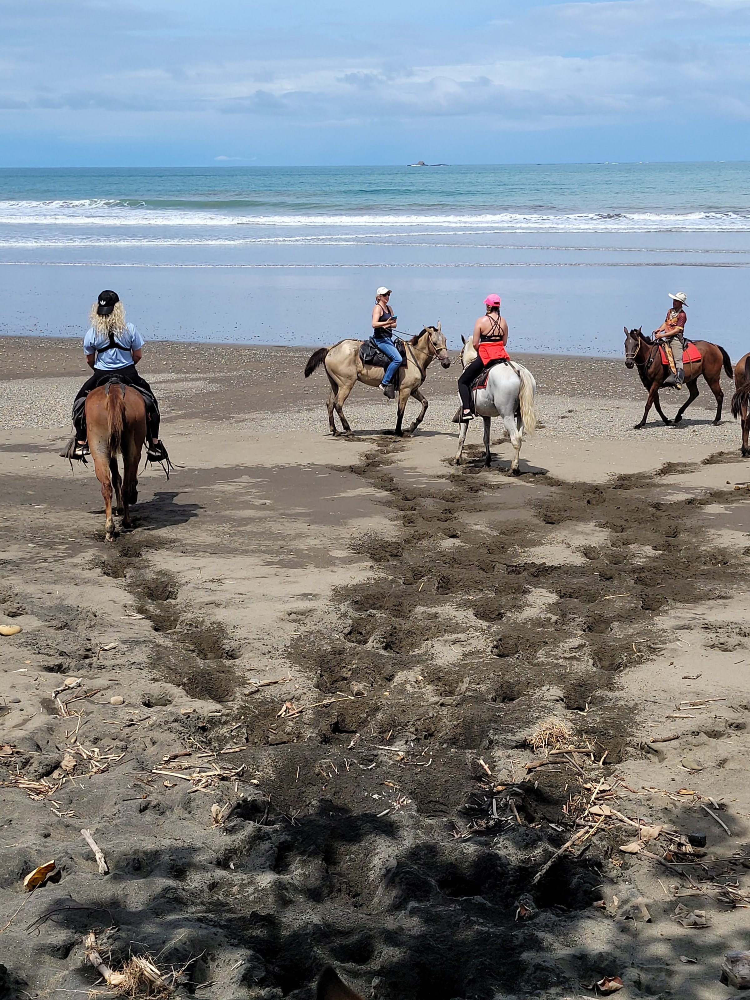 Four riders on horseback walk along a wide sandy beach toward gentle Pacific waves under a pale blue sky.